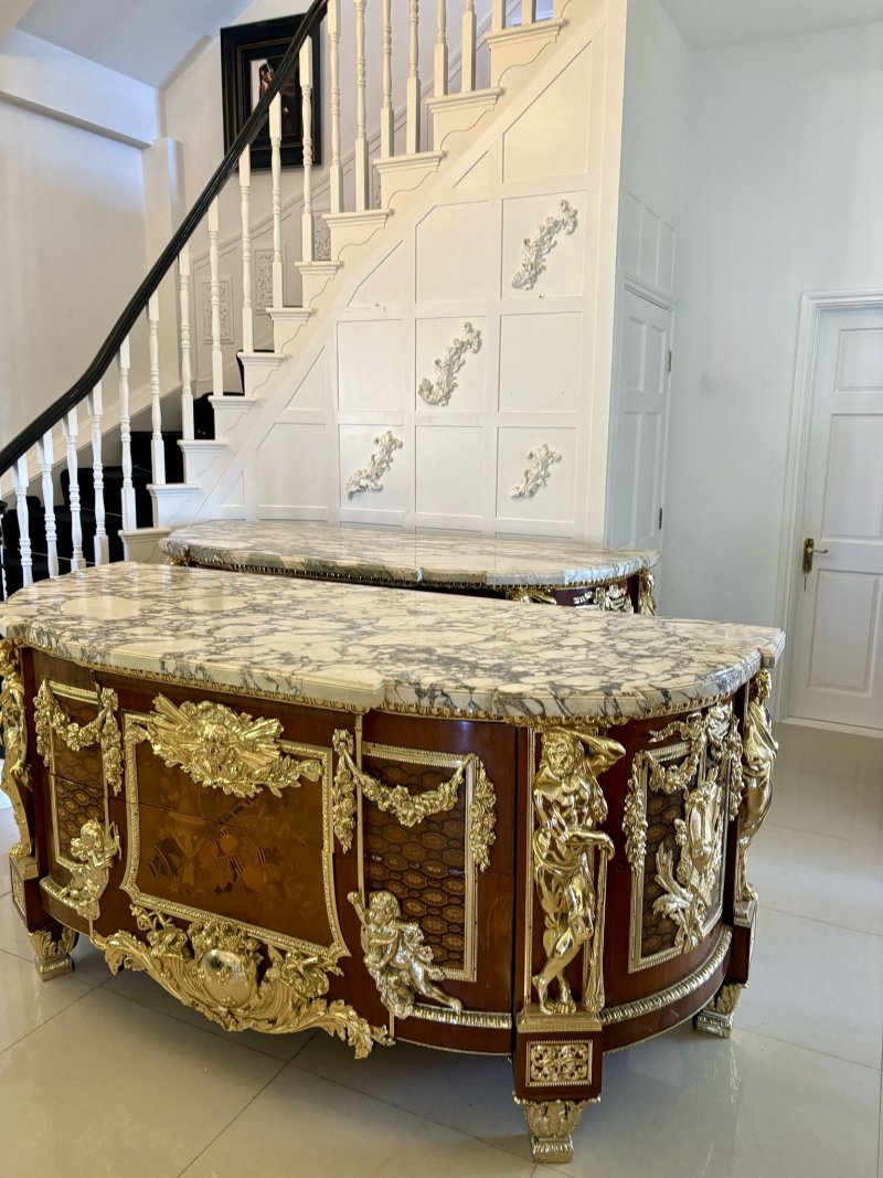 Antique Rare Fine Pair of French Early 20th Century Mahogany, Fruitwood Marquetry and Gilt Bronze Mounted Commodes In the Louis XVI Style, after the Original By Jean-Henri Riesener - Image 6